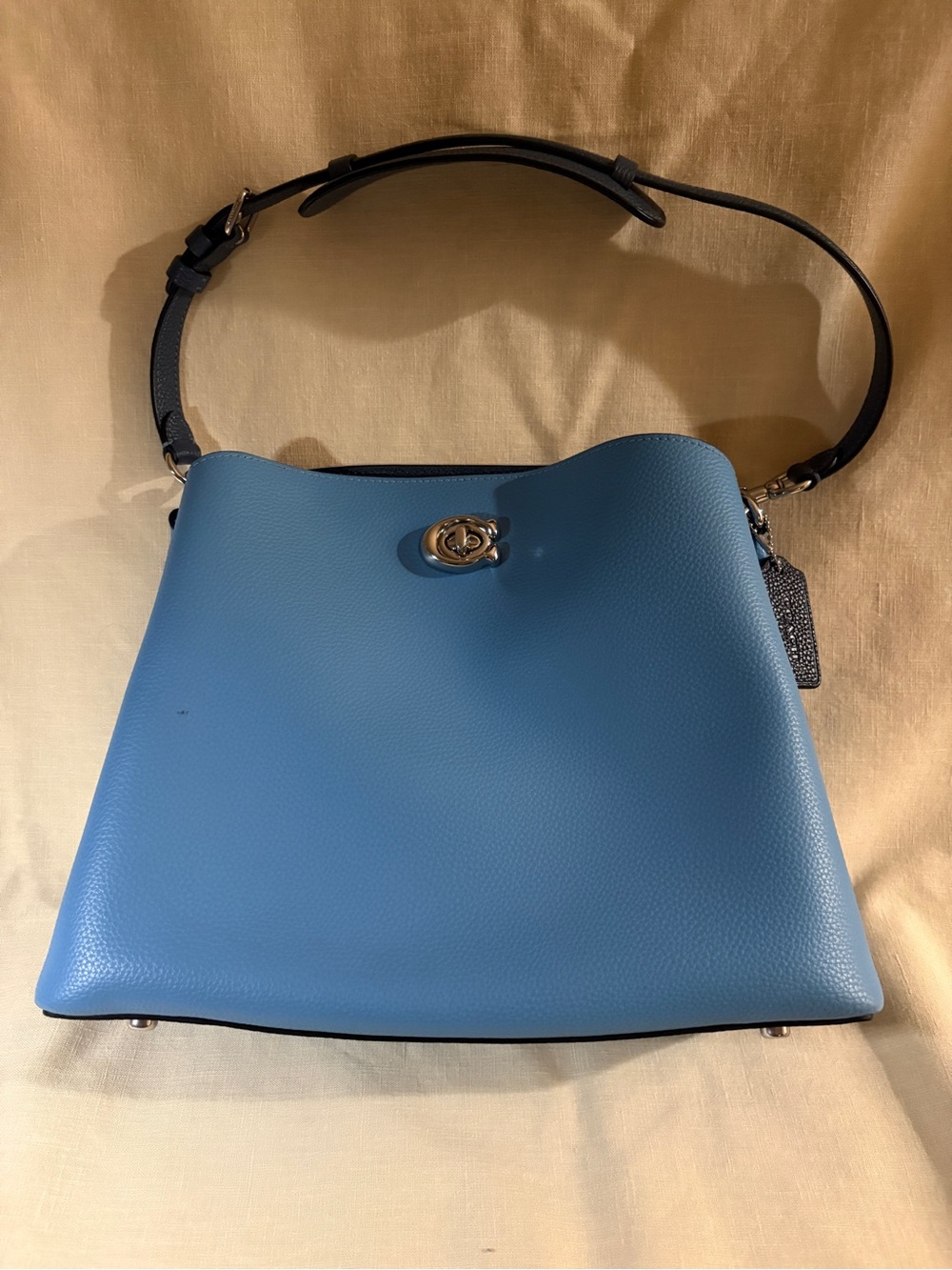Coach Willow Blue Pebble Leather Shoulder Bag with Navy Trim and Strap